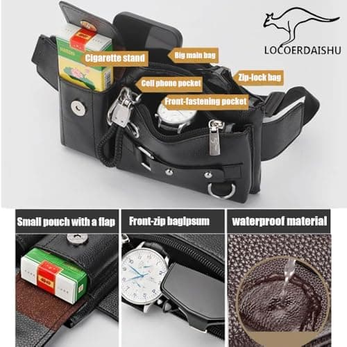 Genuine Leather Bum Bag, Unisex Waist Fanny Pack with Zippered Pockets, Large Capacity Travel Money Belt for Passport, Phone, Dog Walking, Festivals, Hiking, Running (Black) — view 3