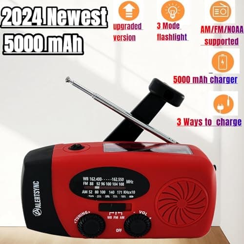 Handsider Wind Up Radio, Solar Emergency FM AM NOAA Portable Radio with SOS Alarm, LED Flashlight, 5000mAh Power Bank USB C Cellphone Charger for Camping Hiking (5000mAh Red) — view 2