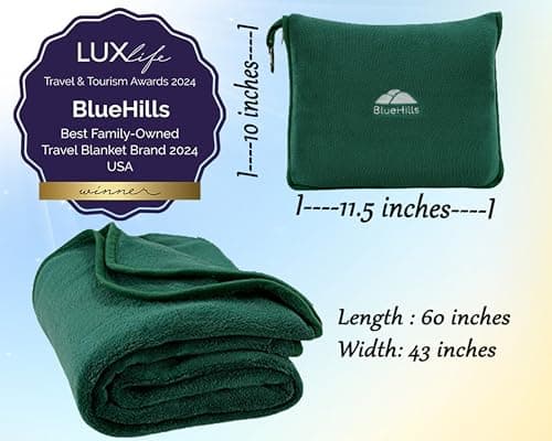BlueHills Premium Soft Travel Blanket Pillow Airplane Flight Blanket Throw in Soft Bag Pillowcase Compact Pack Large Blanket for Travel Green (Dark Green T010) — view 5