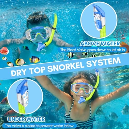 HiiPeak Kids Snorkel Set, Dry Top Snorkel Mask Snorkelling Package, Snorkelling Diving Mask with Breathing Tube Panoramic View Tempered Glass Anti-Fog, Children Swimming Goggles,Snorkeling Gear — view 2
