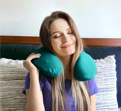 Memory Foam Moulded Pressure Relief Neck Cushion Comfort and Posture, Ideal for Travel Supports the Head, Neck and Chin when Sleeping use for Plane, Train or Car Journeys Travel Pillow In Teal — view 3