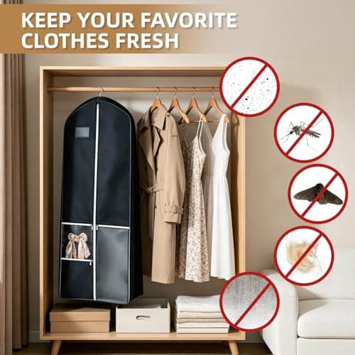 Long Dress Garment Bags, 180x60cm Folding Clothes Covers with 4 Pockets, Clothes Covers Protector Bags with Zipper, Dustproof Clothing Bag for Wedding Coat Gowns Dresses Suits Jackets Storage, Black — view 5