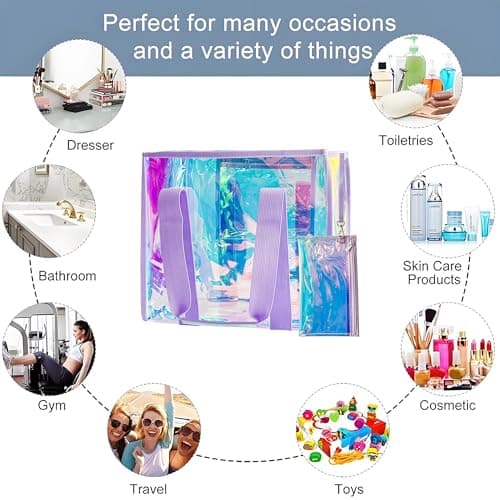 TotePrint Holographic PVC Tote Bag 35x30x17cm, Waterproof Transparent Beach Bag with Zipper & Handle, Large Travel Storage Bag for Summer, Swimming Pool, Shopping (Purple) — view 5