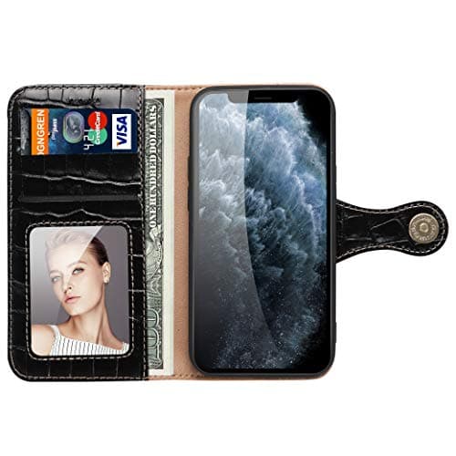 nincyee Genuine Leather Wallet Case for iPhone 13,Classic Crocodile Pattern Real Leather Flip Stand Case Cover with Card Slot Black — view 5