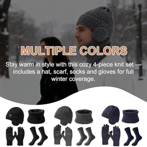 wokdsbl 4Pcs Mens Hat Scarf Gloves Set with Socks Grey — view 5