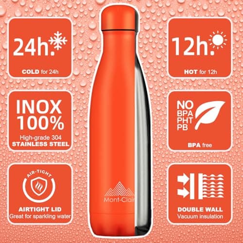 Mont-Clair LO Stainless Steel Water Bottle, Vacuum Insulated - BPA Free, 12h Hot & 24h Cold Drinks, Metal Water Bottle 500ML Leakproof, Ideal for Adult, Kids, Running - Orange — view 2