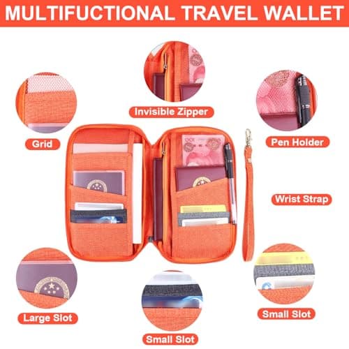 Passport Holder Travel Wallet, Large Capacity Travel Document Holder, RFID Blocking Waterproof Portable Travel Wallet Organiser for Cash Passport ID Card Credit Cards Flight Ticket Pen (Orange) — view 2