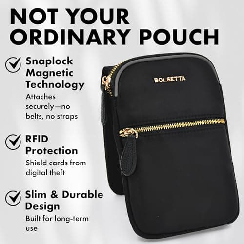 Bolsetta Magnetic Hip Pouch - RFID Blocking Pouch and Key Fob Protector - Zippered Pocket, Magnetic Snaplock Attachment - Lightweight Travel Wallet, Hip Bag for Concerts and Daily Errands - Black — view 2