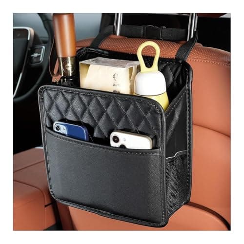 DXNQ Car Seat Back Organizer, Large Capacity Foldable Car Seat Back Hanging Bag with 3 Extra Pockets, Waterproof Leather Car Seat Storage Organizer, Car Travel Essentials Accessories (Black)