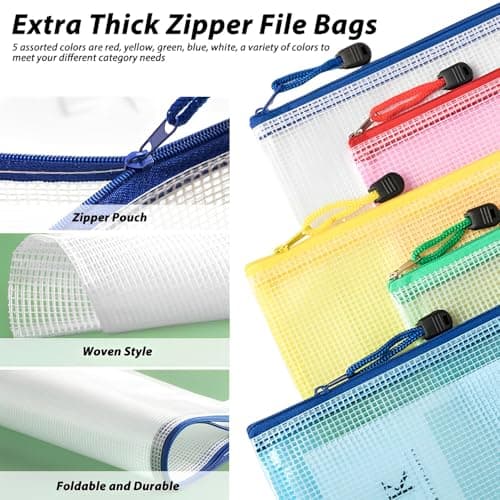 MIETONG A4 Plastic Zip Wallets Folders - 5PCS Document Folder File Zipper Bags Document Wallet Ziplock Bags Travel Storage Pouch Mesh Zip Folders for School Office Supplies and Travel Accessories — view 4
