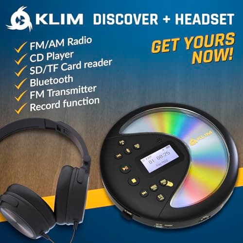 KLIM Discover with Headphones - Portable CD Player with Long-Lasting Battery - New - Radio FM - Compatible MP3 CD Player Portable - SD Card, FM Transmitter, Bluetooth - Ideal for Cars - Black/Gold — view 2
