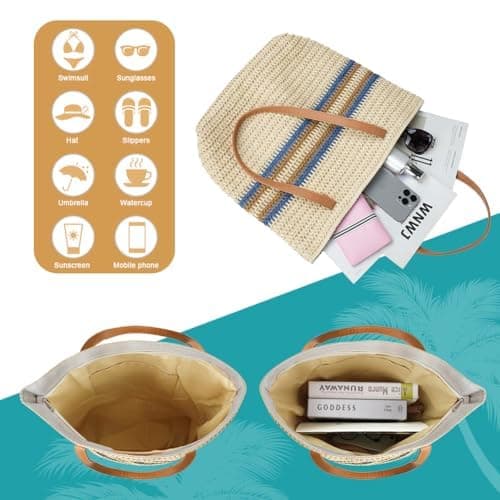 Aucuu Straw Bag, Straw Shoulder Bag for Women, Large Zippered Handbag Tote Bag, Handheld Shoulder Bag, Bohemian Summer Beach Bag for Outdoor Travel and Beach (Off White) — view 6