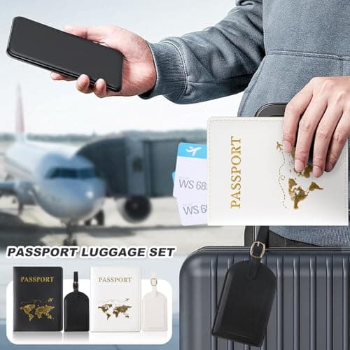 ZDNT 4 Pcs Passport Cover and Luggage Tag,Passport Holder,Passport Cover Luggage Tag Set,PU Leather Passport Holder Travel Wallet Case Organiser for Passport Credit Card Business ((White,Black)) — view 5