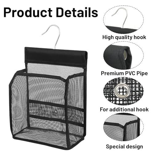 Bremorou Mesh Shower Bag Organizer, Portable PVC Bathroom Storage Bag for Travel, Lightweight Shower Bags for Gym and Swimming, Caddy Organizer for RV, Black Mesh Toiletry Bags with Hooks — view 3