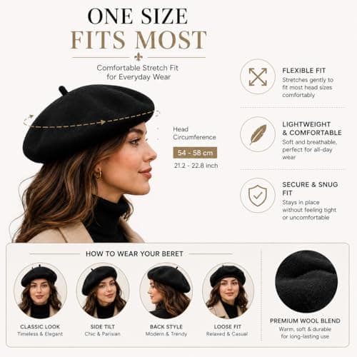 ITRAT Women's Beret Hat – Classic French Style Beret for Women, Soft Warm Wool Blend Ladies Fashion Hat, Elegant Parisian Winter Autumn Cap for Casual, Travel & Everyday Wear (Black) — view 4