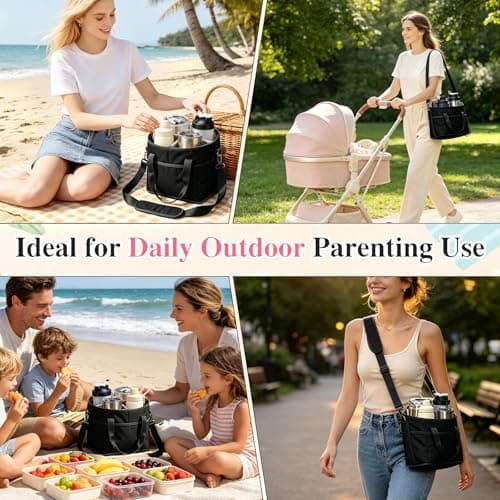 Family Size 4 Compartment Insulated Drink Storage Bag, Multi-Cup Water Bottle Bag Carrier Caddy with Adjustable Shoulder Strap | Hands Free, Reusable for Travel, Picnic, Family Outings (Black) — view 6
