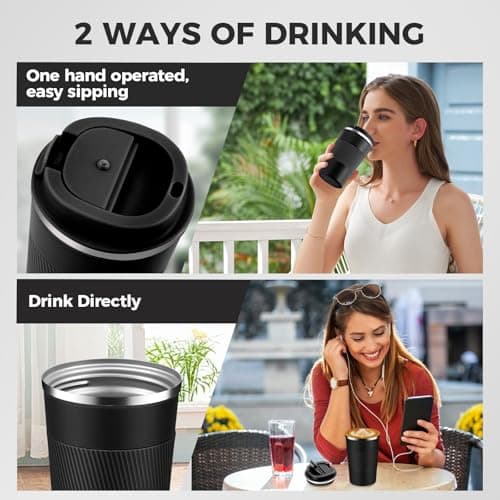 Volhoply 380ml 13oz Stainless Steel Insulated Travel Coffee Mug with Fip Lid,Reusable Double Wall Vacuum Metal Coffee Cup,Portable to Go Leak Proof Cafe Tumbler for Hot & Cold Drinks(Black,1) — view 5