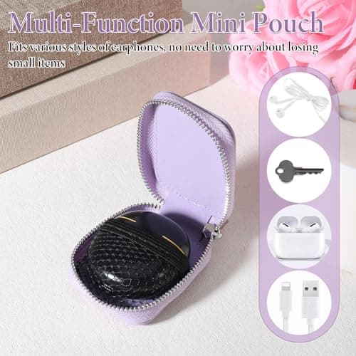 Purple Wired Earbuds Case, PU Leather Earbud Pouch with Zipper, Portable Small Earphone Case Organizer Keychain for Cable, Wired Earphone, Earbud — view 4