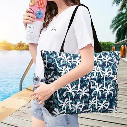 TAHAVICE Beach Tote Bags for Women with Zip, Large Waterproof Beach Bag with Pocket, Summer Beach Bags for Travel, Shopping, Pool, Gym — view 3