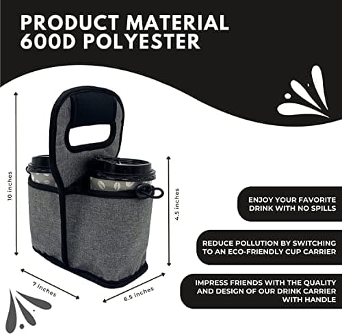 KOSTOO Portable Drink Carrier and Reusable Coffee Cup Holder for Hot or Cold Drinks, On-The-go Water Bottle Cup Caddy with Adjustable Elastic Fastening Strap, Gray (Gray-2 Pockets) — view 5