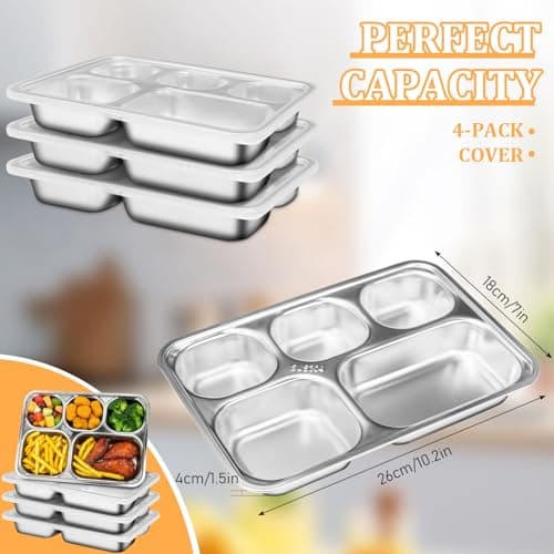 4 Pack Stainless Steel Divided Plates with Lids, 5 Compartments Lunch Boxes — view 2