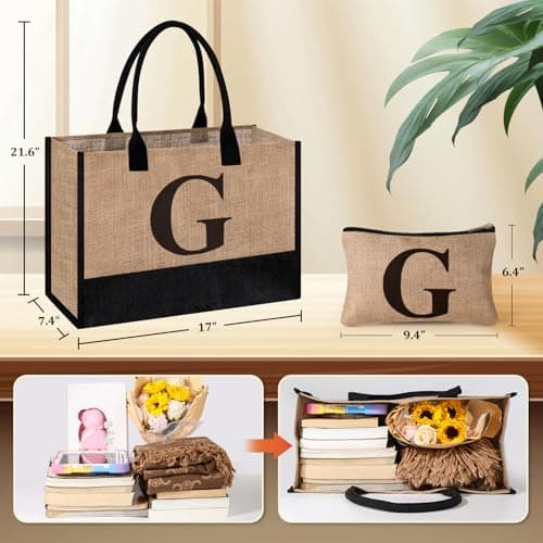 Tecanne Initial Jute Tote Bag & Makeup Bag, Birthday Gifts for Women Her Mum Teacher, Suitable for Wedding, Beach, Holiday (G) — view 6