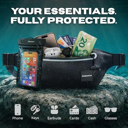Drench 100% Waterproof Black Bum Bag – IPX8 Waterproof Waist Bag for Phone & Holiday Travel Essentials, Waterproof Belt Bag for Swimming, Snorkelling, Kayaking & Beach Holidays, Fits iPhone & Samsung — view 5