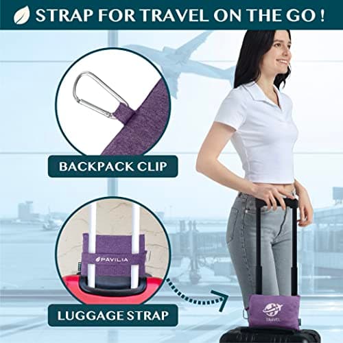 PAVILIA Soft Compact Travel Blanket and Pillow, Foldable Airplane Blanket in Bag, Lightweight Portable Flight Blanket Set with Luggage Strap, Camping Plane Car Home Office Gift Accessories, Purple — view 3