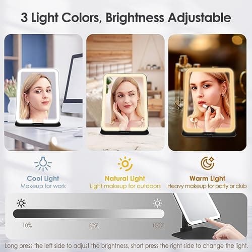 ESWU Travel Makeup Mirror with Light, Portable Folding Make Up Tabletop Mirror with 58 LEDs 3 Colors Light Modes Rechargable Compact Vanity Mirror with Adjustable Stand (Black) — view 3