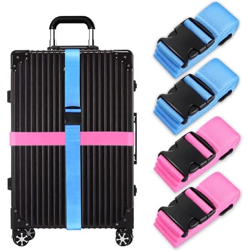 Luggage Suitcase Straps Set, Travel Accessories Thickened Luggage Belt with Quick Release Buckle, Adjustable Black Travel Luggage Straps for Suitcase Baggage (Pink+Blue, 4 PCS Set)