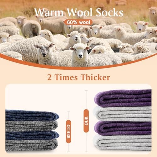 Niorasen Thermal Wool Socks for Women 5 Pairs Multipack, Ladies Warm Winter Walking Hiking Crew Socks for Boots, Thick Comfy Cushioned, Black & Multicolour, Valentines Birthday Gifts for Girlfriend — view 4