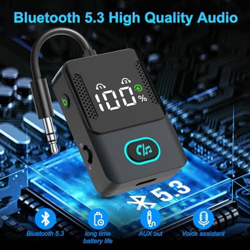 Bluetooth 5.3 Transmitter Receiver, 2-in-1 Airplane Wireless Bluetooth with LED Display, Compatible with 2 AirPods or Wireless Headphones, 3.5mm Aux Audio Jack, for Flight/TV/PC/Car/Speaker/Gym — view 3
