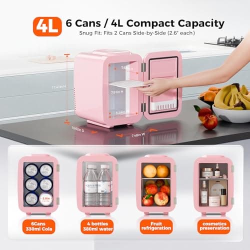 YASHE Mini Fridge, 4 Liter/6 Cans Portable Cooler and Warmer, AC/DC Power Small Fridge, Quiet Desk Skincare Fridge for Beauty Drinks Medicine, Mini Fridge for Bedrooms Office Dorm Car Travel, Pink — view 6