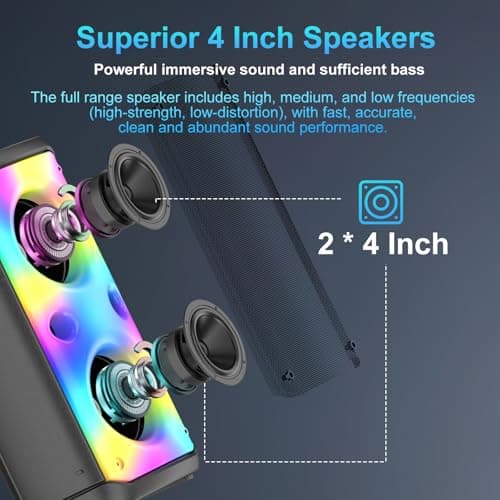 Bluetooth Speaker Wireless, 80W Peak Wireless TWS Portable Outdoor Party Speakers with Subwoofer, Deep Bass, 6 LED Colorful Lights, Loud Stereo Sound Boombox for Party, Home, Camping, Travel (Black) — view 3