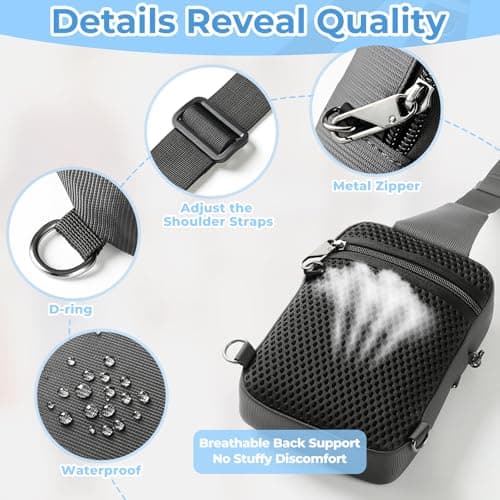 Broadream Anti-Theft Sling Bag for Men, Waterproof RFID Crossbody Shoulder Bag with Security Zipper, Small Crossbody Chest Bag for Men & Women, Mobile Phone Bag for Travel Outdoor Work, gray, Small — view 6