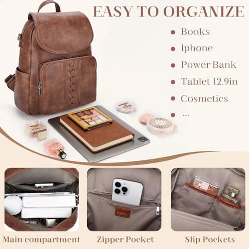 VASCHY Backpack for Women, Fashion Cute Vegan Leather Flap Backpack Convertible Handbag for Ladies with Guitar Strap Brown — view 3