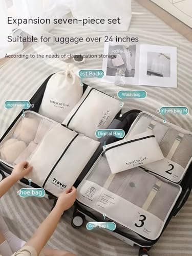 7 Piece Packing Cubes Set for Suitcases | Luxury Travel Organiser Bags | Compression Luggage Cubes with Shoe Bag & Pouches | Beige | Brand New — view 5
