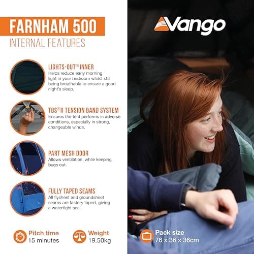 Vango Farnham 500 Stylish 5 Man Tunnel Tent [Amazon Exclusive] with TBS II for All Weather Family Camping, Attached Sun Porch, Sewn-In Groundsheet, River Blue — view 3