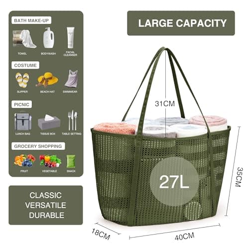 KALIDI FANCY FOREST Foldable Mesh Beach Bag with Zip, 27L Large Mesh Tote Bags for Women Ladies Summer Beach Tote Bag for Holiday Travel,Army Green — view 3