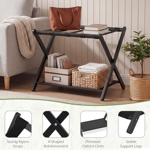 COSTWAY Bamboo Luggage Racks Set of 2, Folding Suitcase Stand with Straps and Oxford Cloth Storage Shelves, Portable Backpack Luggage Holder for Guest Room, Bedroom, Hotel, 68x46x53cm (Black) — view 6