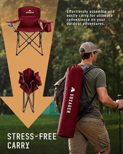 Voyager Folding Camping Chairs 2 Pack with Cooler Bag, Lightweight Q195 Steel Frame, 600D Oxford Fabric, Portable & Comfortable - Black (Red, Pouch/Cooling) — view 4
