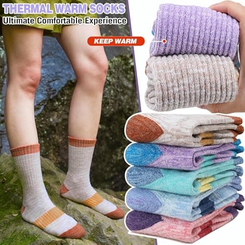 SAVALOS Merino Wool Hiking Socks for Women Thermal Warm Winter Cosy Work Crew Gifts Socks 5 Pairs Stocking Fillers(Light Blue/Light Green/Light Red/Khaki/Purple,3-7) — view 4