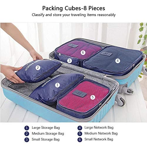 Vicloon Travel Luggage Organizers,Complete Set of Different Packing Cubes Waterproof Travel Storage Bags,Organizers Nylon Suitcases, 8 Dark Blue, SUPER — view 3
