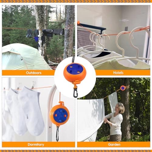 Retractable Travel Clothes Line 8m Portable Laundry Rope Camping Washing Line Anti Winding Washing Line Clothes airer Hanger Adjustable Drying Lines, for Travel Holiday Outdoor Indoor(Orange) — view 5