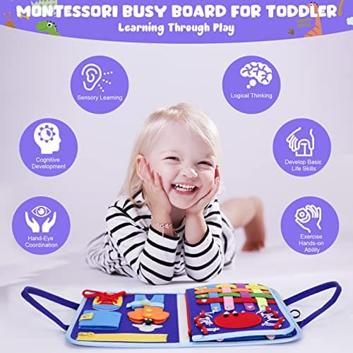 Busy Board for Toddlers, Montessori Sensory Toys Activity Board for Fine Motor Skills, Preschool Educational Learning Gifts for 1 2 3 4 5 Year Old Girls & Boys, Autism Toys, Car Airplane Travel Toy — view 3
