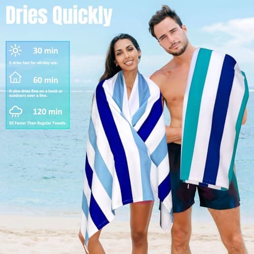 Ouxiaobai Large Oversized Beach Towel - Microfiber Sand Free 35 x 70 Inch Quick Dry Lightweight Pool Towel for Adults, Thin Striped Swim Towel (Turquoise) — view 2