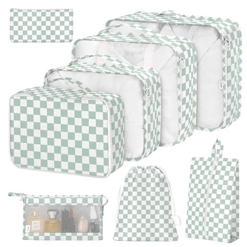 8 Set Packing Cubes for Suitcases,Suitcase Organizer with Shoe,Cosmetics,Clothing, and Accessories Bags for Travel Luggage Organizer Women Men(Green Checkered)
