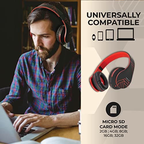 PowerLocus Bluetooth Over-Ear Headphones, Wireless Stereo Foldable Headphones Wireless and Wired Headsets with Built-in Mic, Micro SD/TF, FM for iPhone/Samsung/iPad/PC (Black/Red) — view 6