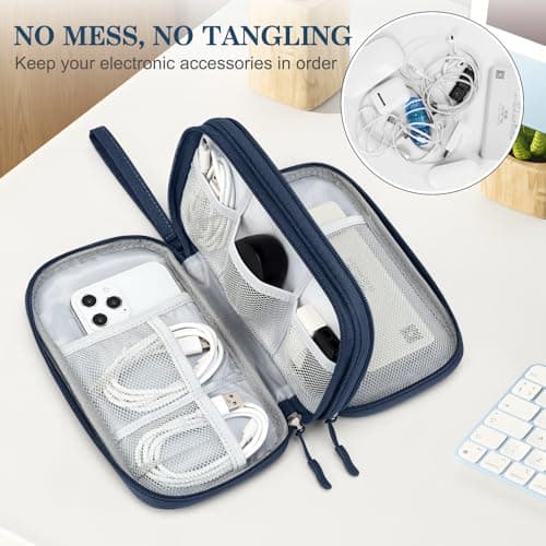 FYY Travel Cable Organiser, Electronics Accessories Bag, Waterproof Tech Storage Pouch, 2-Layer Universal Carry Case for Charger, Power Bank, USB Drive M-Navy Blue — view 5