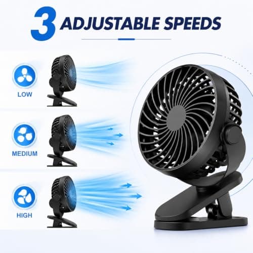 2 Pack USB Rechargeable Clip On Desk Fan, Portable Mini Cooling Fan with 3 Speed Settings, 360° Adjustable Head, Strong Clamp, Quiet Personal Fan for Office, Bedroom, Baby Stroller, Camping, Black — view 2